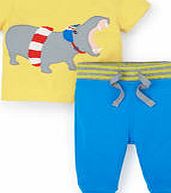 Mini Boden Summer Applique Jersey Set, Yellow Hippo/ Fluro