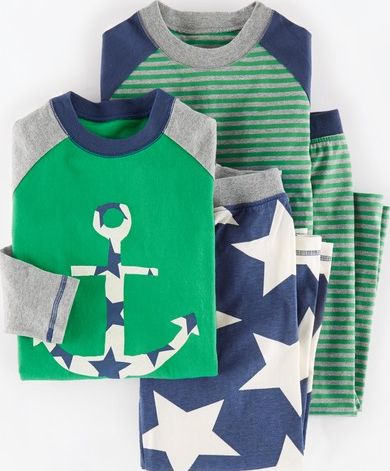 Mini Boden Twin Pack Pyjamas Ecru Anchor/Broccoli Stripe