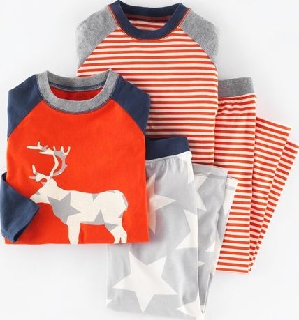 Mini Boden Twin Pack Pyjamas Reindeer/Ecru and Flame Stripe