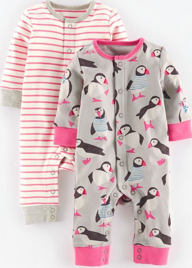 Mini Boden Twin Pack Rompers Light Grey Puffin/Lollipop