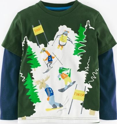 Mini Boden, 1669[^]35126895 Winter Sports T-shirt Forest Green/Ski Slope