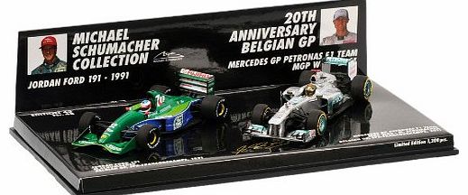 Minichamps Michael Schumacher 20th Anniversary Belgian GP 2 Car Set - Includes Jordan 191 1991 and Mercedes W02 2011 F1 Race Cars - 1/43 Scale Die-Cast Collectors Model Set