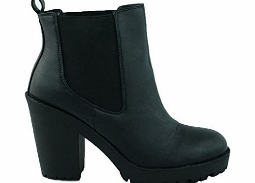 LADIES WOMENS HIGH MID BLOCK HEEL CHUNKY CHELSEA ANKLE ELASTIC BOOTS SHOES SIZE[Black Faux Leather,UK 5]