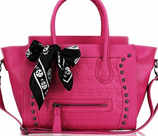 Miss Lulu Womens Ladies Designer Celebrity Leather Style Studded Tote Satchel Embossed Skull Smile Shoulder Bag Handbag (Pink)
