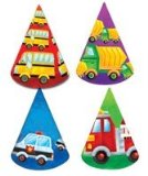 PARTY WHEELS PARTY HATS X 8 - FIRE ENGINE, FARM TRACTOR, POLICE CAR, SCHOOL BUS PARTY SUPPLIES AND PRODUCTS