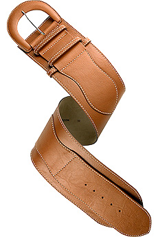 Tan wide leather waist belt with oversized fawn stitch detailing.