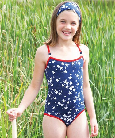 Navy Starburst Swimsuit With Red Trim & Beads