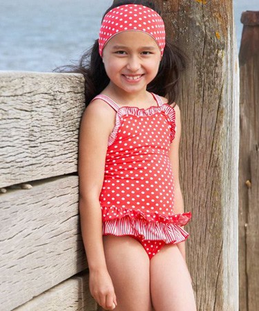 Red Spot/Striped Trim Swimsuit with Neck Frill