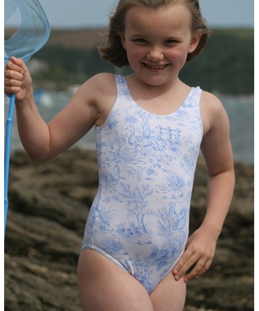 Sky blue toile patterned scoop neck swimsuit