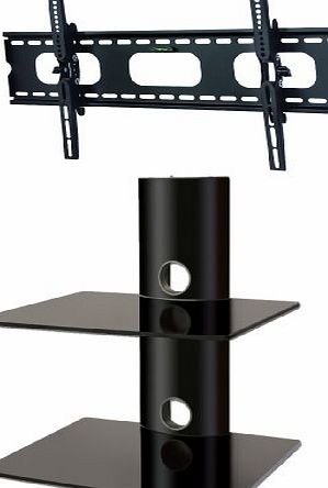 PACKAGE DEAL! Two GLASS SHELVES Wall Mount for Audio Video Components-all BLACK + Universal TILT Bracket for ALL TV Brands 37 40 46 52 55 60 inch Flat Panel-HD Ready Screen