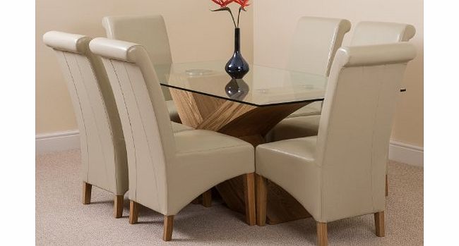 MODERN FURNITURE DIRECT VALENCIA OAK SMALL 160cm x 90cm GLASS DINING TABLE WITH 4 OR 6 MONTANA LEATHER CHAIRS (AVAILABLE IN 4 COLOURS) (6, Ivory)