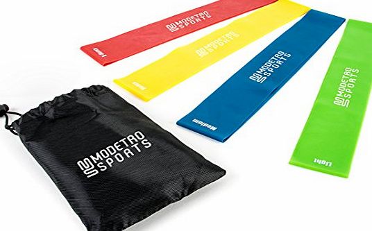 Modetro #1 Rated Resistance Bands - Most 5 ? Reviews on Amazon - Set of 4 Exercise Fitness Loops - Suitable for Men and Women - Ideal for Mobility Yoga Pilates or Physical Therapy - Bonus Workout Videos Onlin