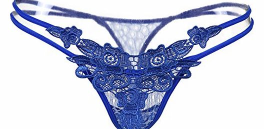 Women Ladies Sexy Lace Flower Crotchless G-string Thong Panty (Blue)