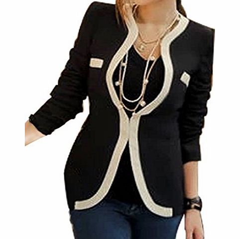 Moonar New Style Women/Lady/Girl Slim Contrast Color Suit Wave V-Neck Long Sleeve Coat One Button Single Breasted Cotton Casual Jacket Outerwear Blazer for Spring Autumn (UK 12, Black)