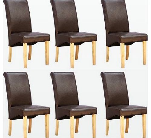 6 x CAMBRIDGE LEATHER BROWN DINING CHAIR w OAK FINISH WOOD LEGS ROLL TOP HIGH BACK