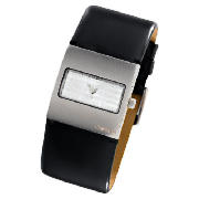 silver dial wide black strap watch