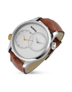 Morpier Firenze Men` Brown Stainless Steel and Leather Dual-Time Watch