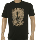 Black Cotton T-Shirt with Light Beige Design