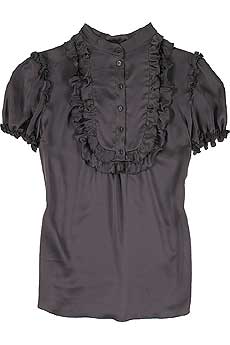 Grape silk satin bib front blouse with ruffle trim.