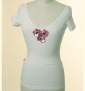 Moschino Ladies Moschino White V-Neck T-Shirt with Large Pink Flower Design