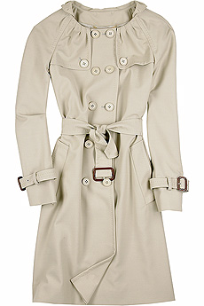 Sand virgin wool blend short classic trench with a round pleated neckline.