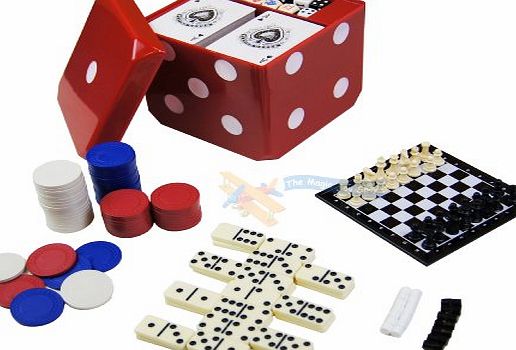 6 in 1 Game Set Dice Cube Box Magnetic Board Travel Game Chess Dominoes Pocker Chips & 2 Decks of Playing Cards