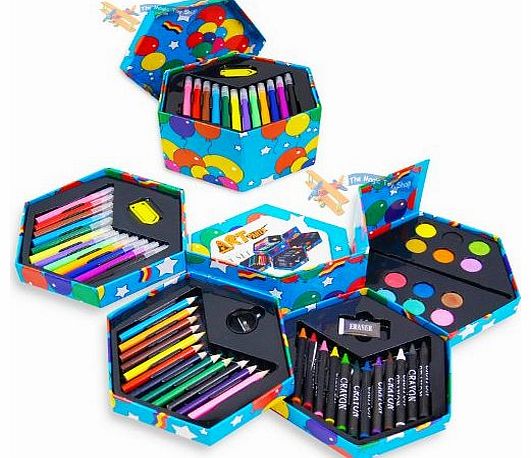 Childrens 52 Pcs Craft Art Artists Set Hexagonal Box Crayons Paints Pens Pencils
