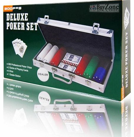 Dice Poker Chips Pre-Packed Set (300 Set) with Aluminium Case, Dealer Button, Playing Cards & Dice