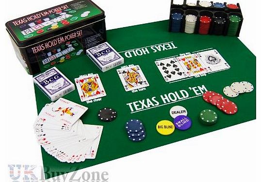 Texas Holdem Poker Game Set Gaming Mat 200 Chips 2 Decks Playing Cards Tin Box