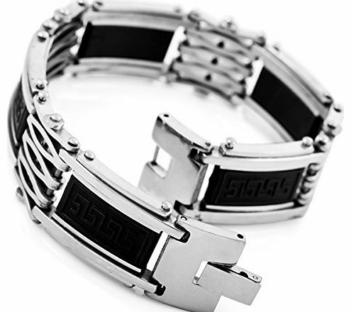 Stainless Steel Rubber Bracelet Link Silver Black Greek Polished Men