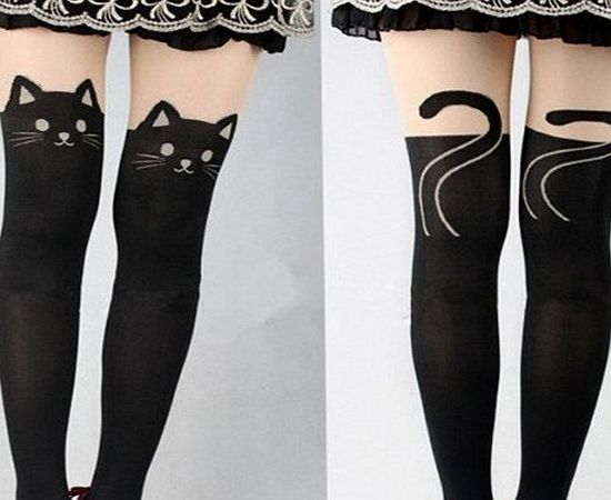 Museya 2 Pairs of Different Cute Little Cat Prints Tattoo Womens Sexy Stitching Pantyhose Stockings Tights - Free Size (Black)
