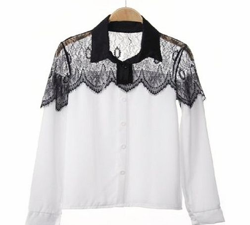Fashion Spring Summer See-through Black Lace Splicing Womens Long Sleeve Chiffon Shirt Blouse Tops - Size XXXL (White)