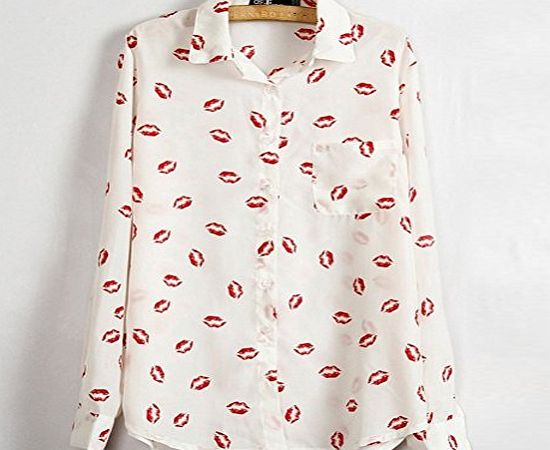 Museya Vintage Red Lip Print Style Long Sleeves Turn-down Collar Slim-fitting Womens Chiffon Shirt Blouse - Size L (White)