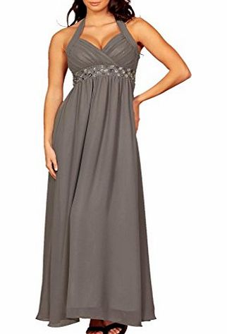 MY EVENING DRESS Long Elegant Halter Neck Evening Dress Empire Formal Gown Maxi Dresses halterneck For Ladies Womens Grey Size 12