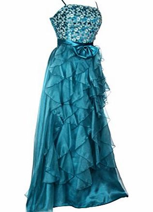 MY EVENING DRESS Womens Long Frill Layered Evening Dress Floral Knitlace Bow Formal Gowns Elegant Dresses Ladies Peacock Blue Size 14