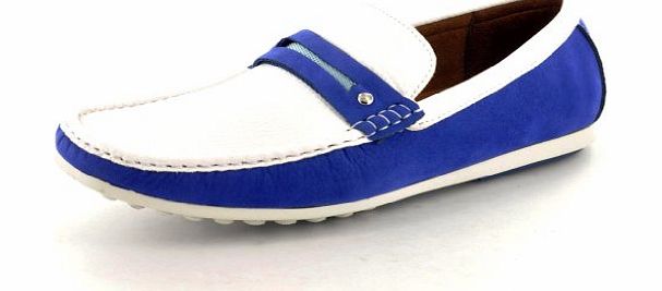 My Perfect Pair Mens Blue / White Leather look Casual Loafers Slip on Moccasins / Driving Shoes ( Size 9)