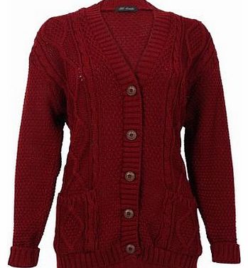 52I Womens Wine Casual Chunky Knitted Aran Button Up Ladies Cardigan Size 12/14