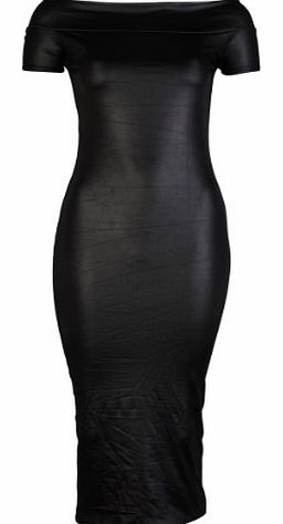 6S Womens Black Wet Look Ladies Shiny Bodycon Off Shoulder Midi Dress Size 8/10