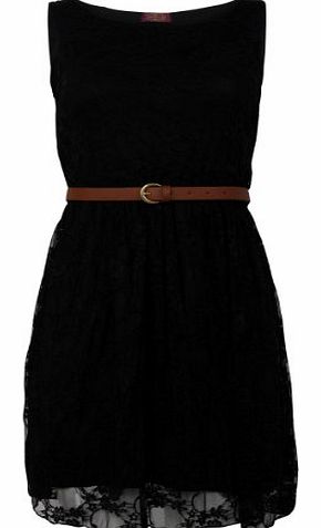 My1stWish 90Z New Womens Black Party Lace Belt Skater Skirt Smart Dress Size 8/10