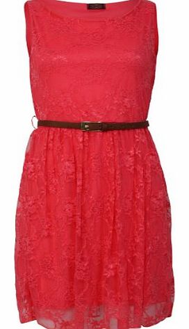 My1stWish 90Z New Womens Coral Pink Party Lace Belt Skater Skirt Smart Dress Size 12/14