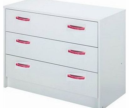 Chest of 3 Drawers & 1 Drawer Bedside Cupboard. Pink Handles. White FSC Wood.