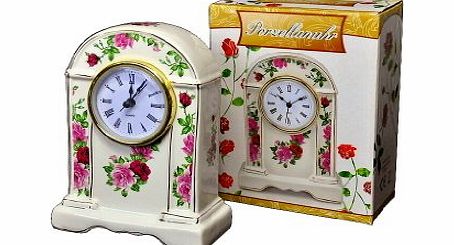 N. N. Classic Porcelain Mantel Clock Quartz Clock Floral Design 160x120x56 mm