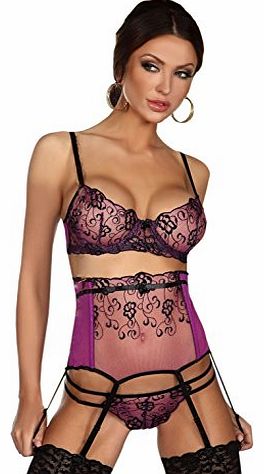 Beautiful Sheer Purple Tulle Bra, Suspender Belt & Thong Set with Black Floral Embroidery Detail and Satin Ribbon Bows - Small/Medium (UK 8-12)