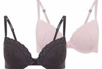 2 Pack Pink and Grey Lace Trim T-Shirt Bras