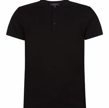 Black Basic Grandad Collar Button Up T-Shirt