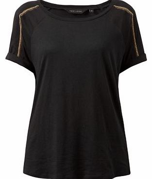 Black Beaded Trim Roll Sleeve T-Shirt 3206457
