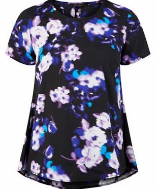 Black Blurry Floral Print Longline T-Shirt 3230423