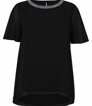 New Look Black Embellished Neck Drape Sleeve Blouse 3234471
