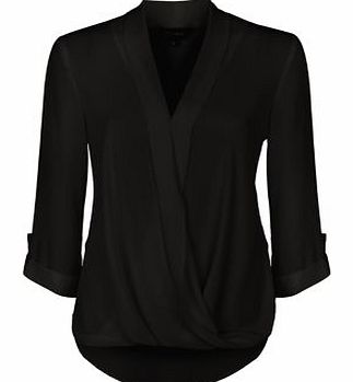 New Look Black Wrap Front Turn Up Sleeve Blouse 3305731