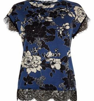 Blue Floral Print Lace Hem T-Shirt 3242758